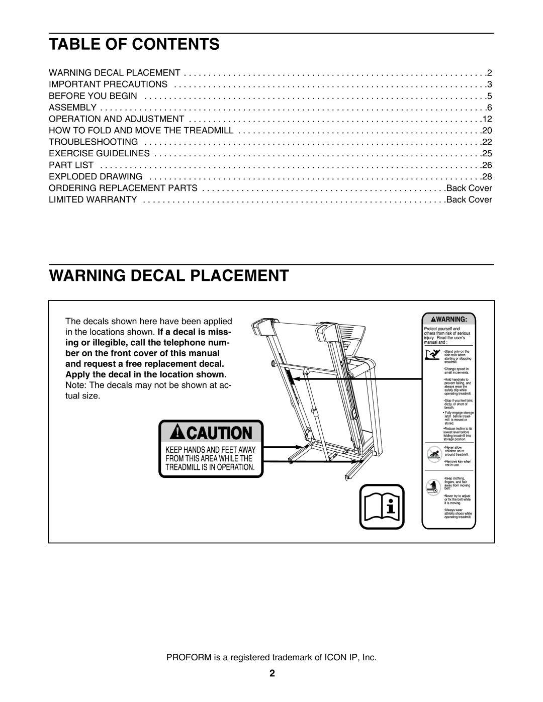 ProForm PFTL99507.0 user manual Table of Contents 