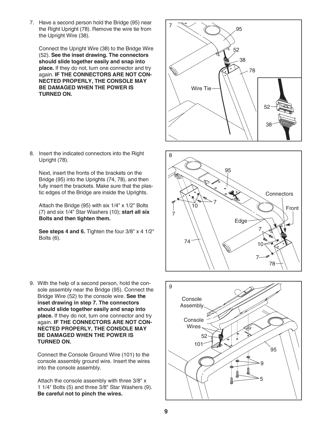 ProForm PFTL99507.1 user manual Bolts and then tighten them, Be careful not to pinch the wires 