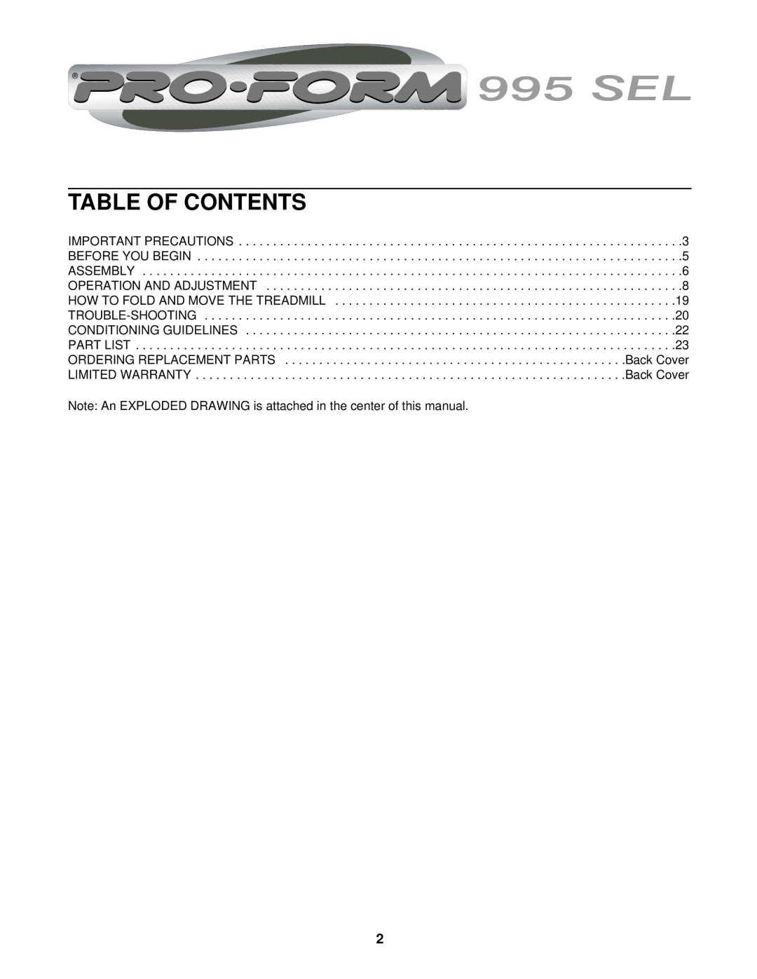 ProForm PFTL99600 user manual Table of Contents 