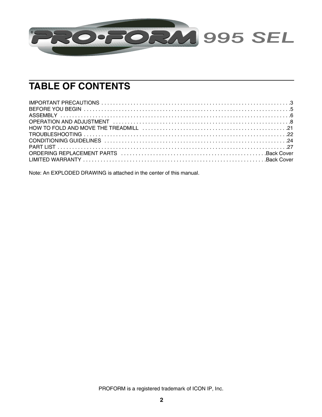 ProForm PFTL99602 user manual Table of Contents 