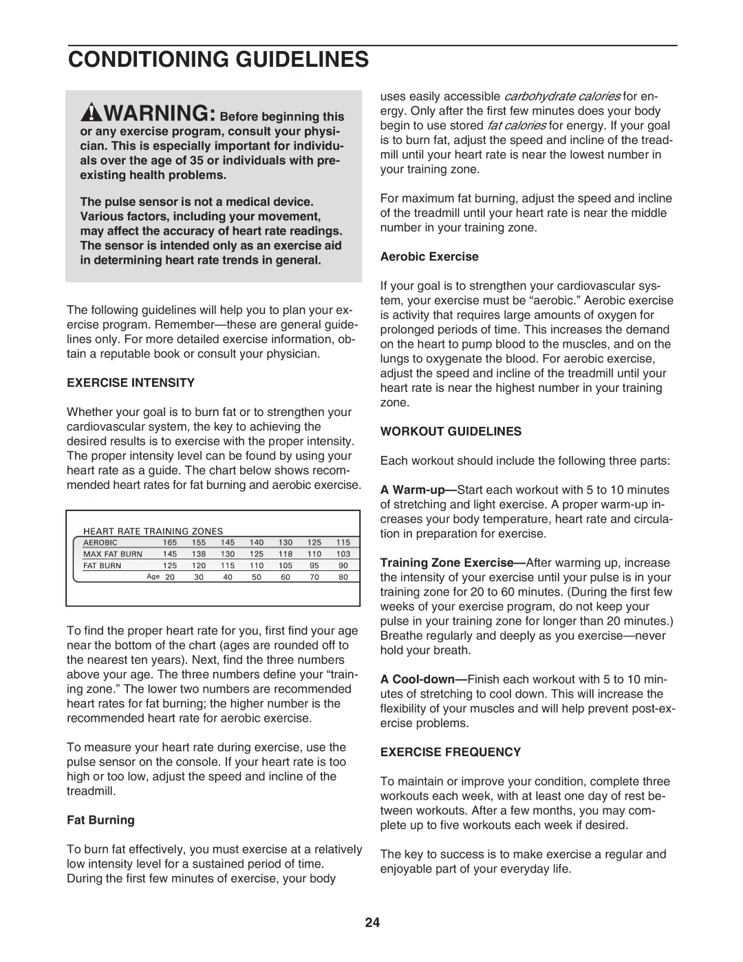 ProForm PFTL99602 user manual Conditioning Guidelines, Exercise Intensity, Workout Guidelines, Exercise Frequency 