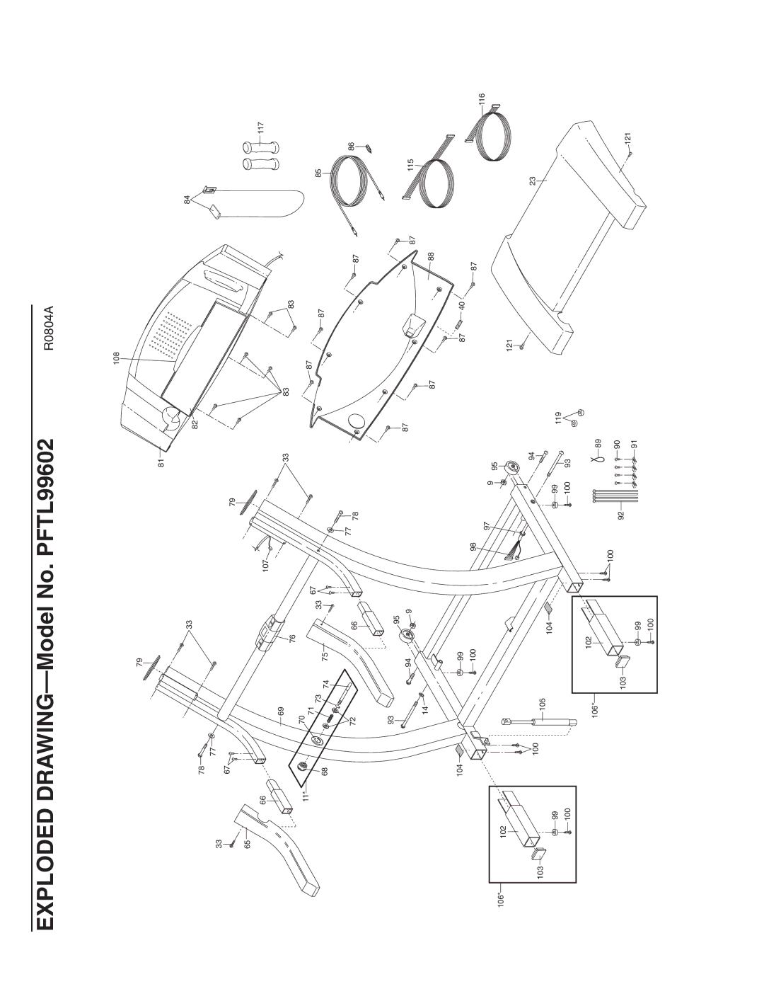 ProForm PFTL99602 user manual 106 102 103 108 107 104 100 121 105 119 117 115 116 