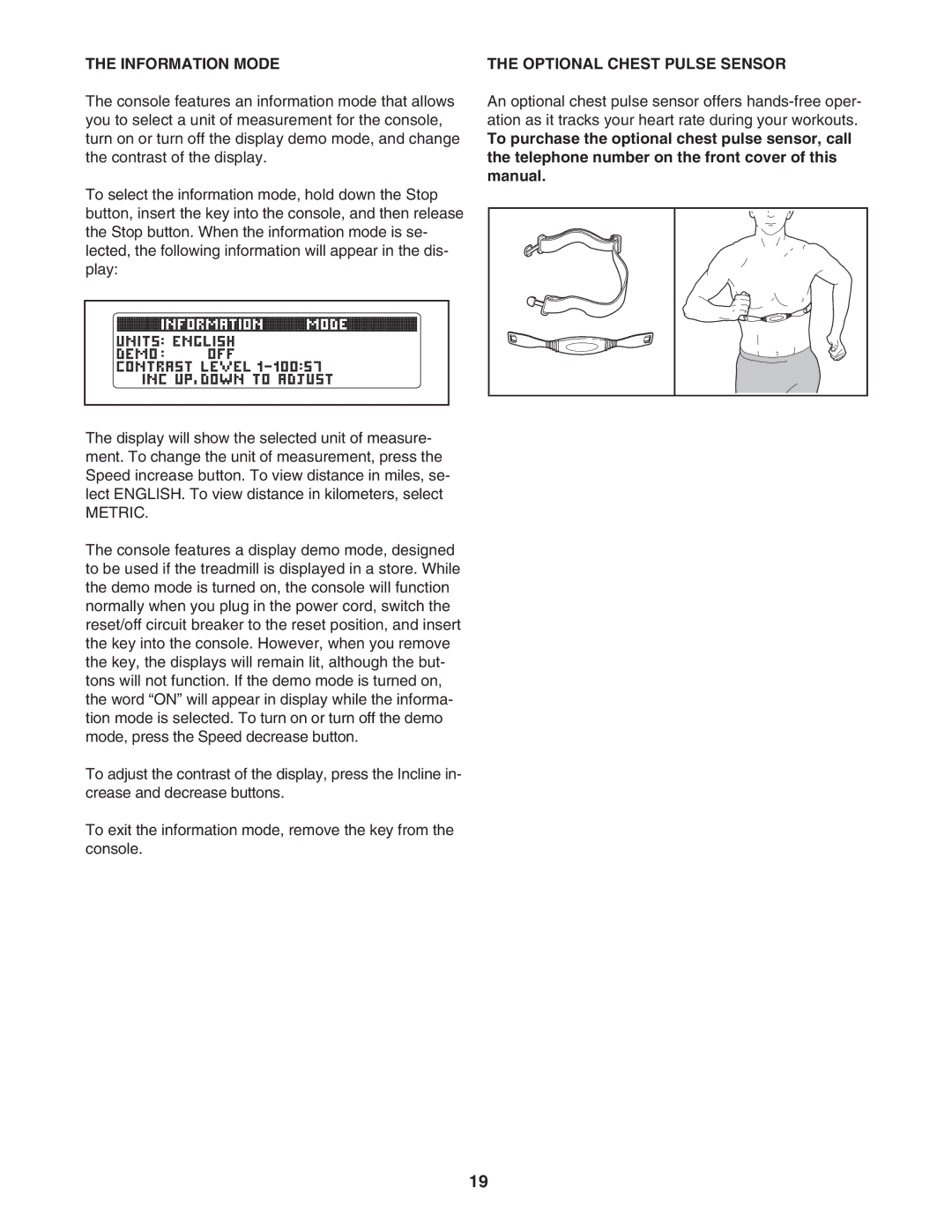 ProForm PFTL99707.0 user manual Information Mode, Optional Chest Pulse Sensor 