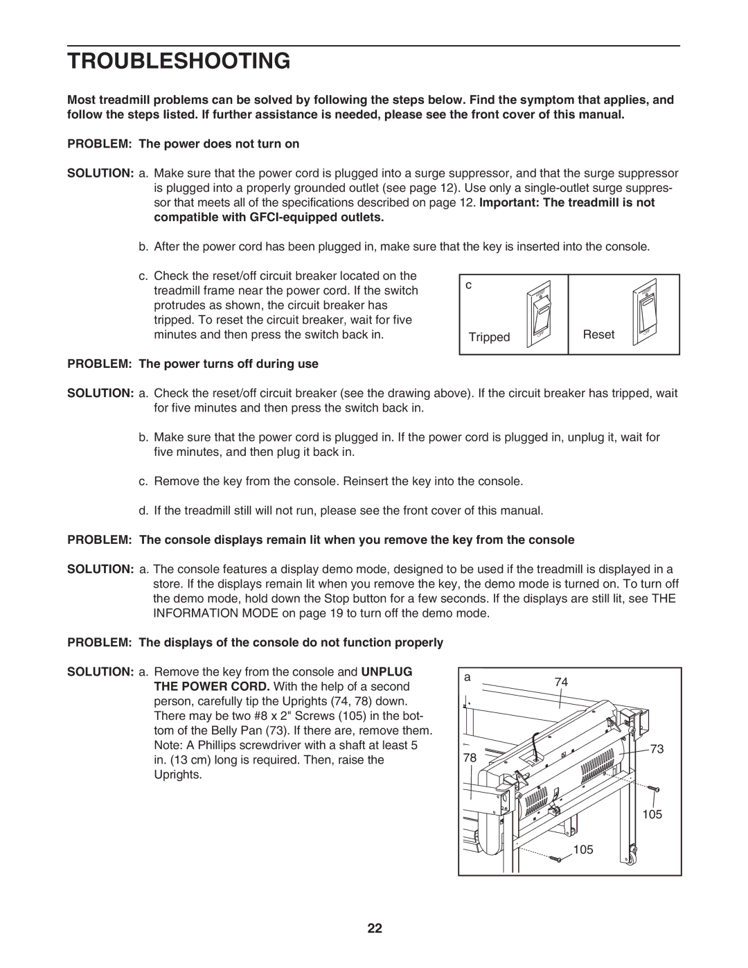 ProForm PFTL99707.0 user manual Troubleshooting, Problem The power turns off during use 