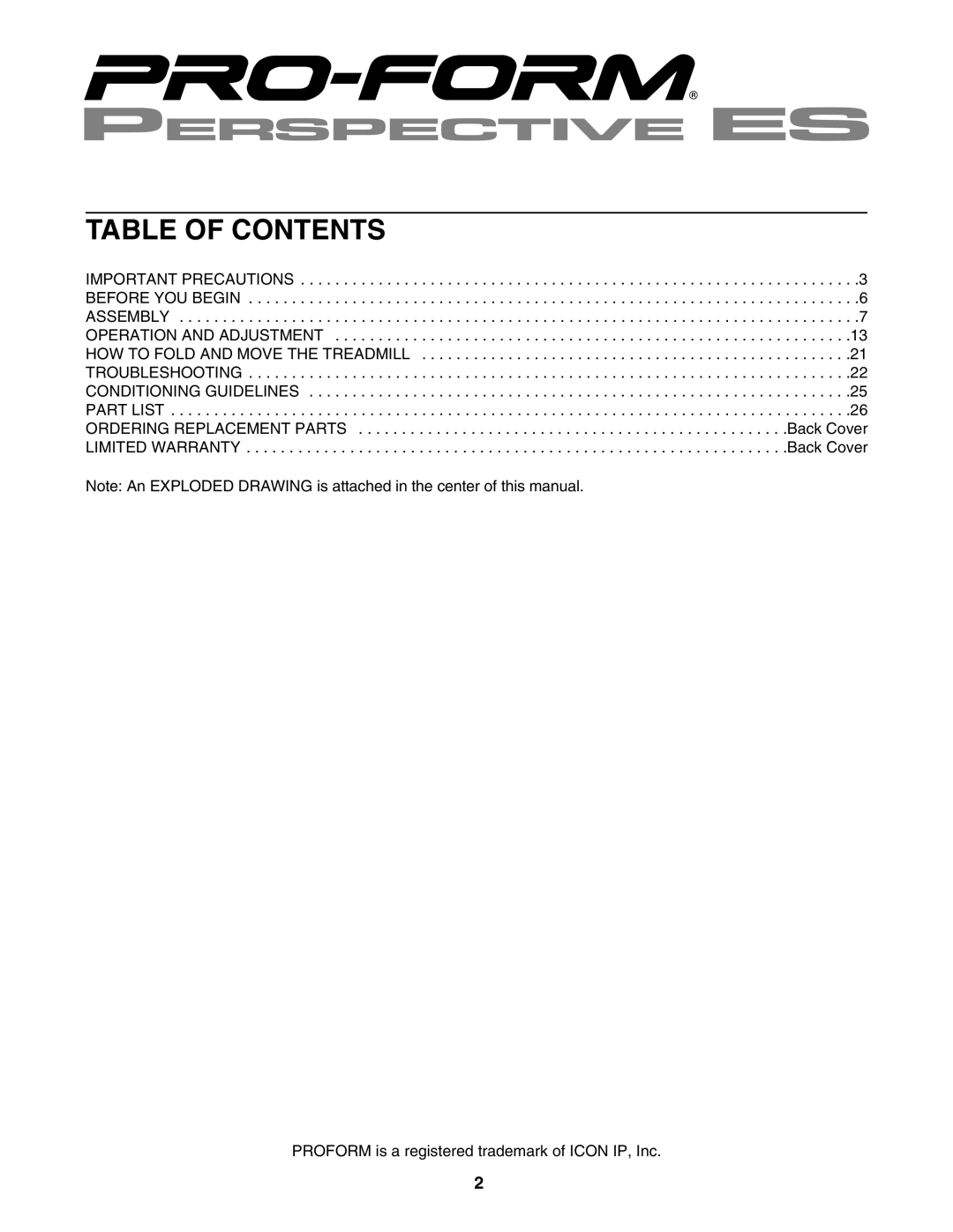 ProForm PFTL99806.2 user manual Table of Contents 