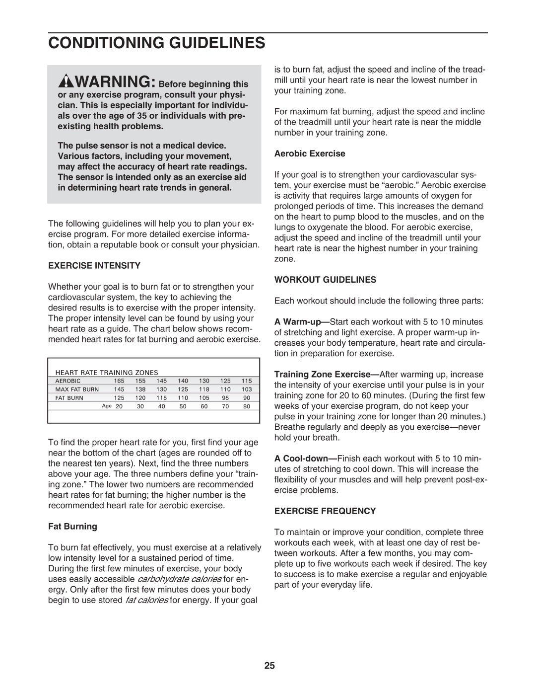 ProForm PFTL99806.2 user manual Conditioning Guidelines, Exercise Intensity, Workout Guidelines, Exercise Frequency 