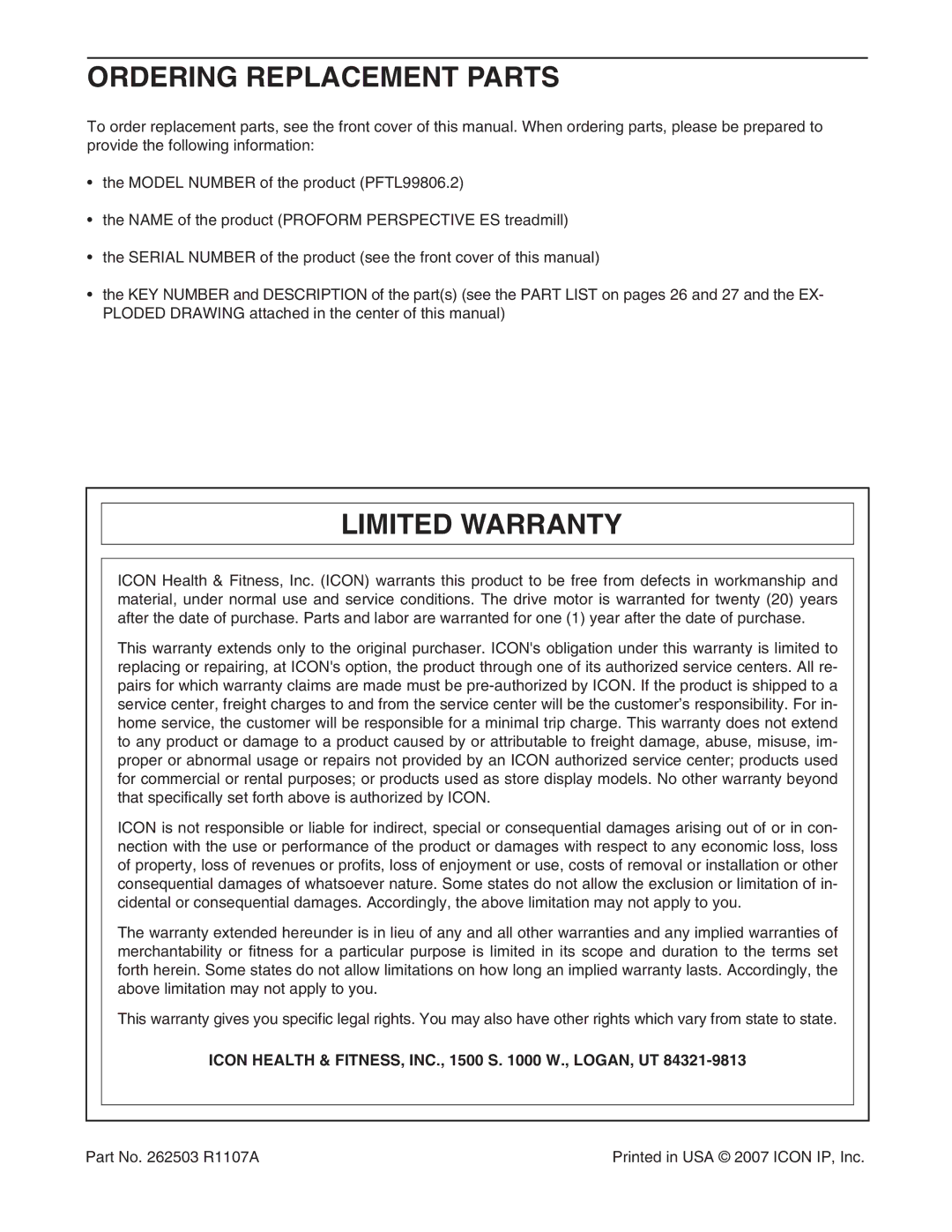 ProForm PFTL99806.2 Ordering Replacement Parts, Limited Warranty, Icon Health & FITNESS, INC., 1500 S W., LOGAN, UT 