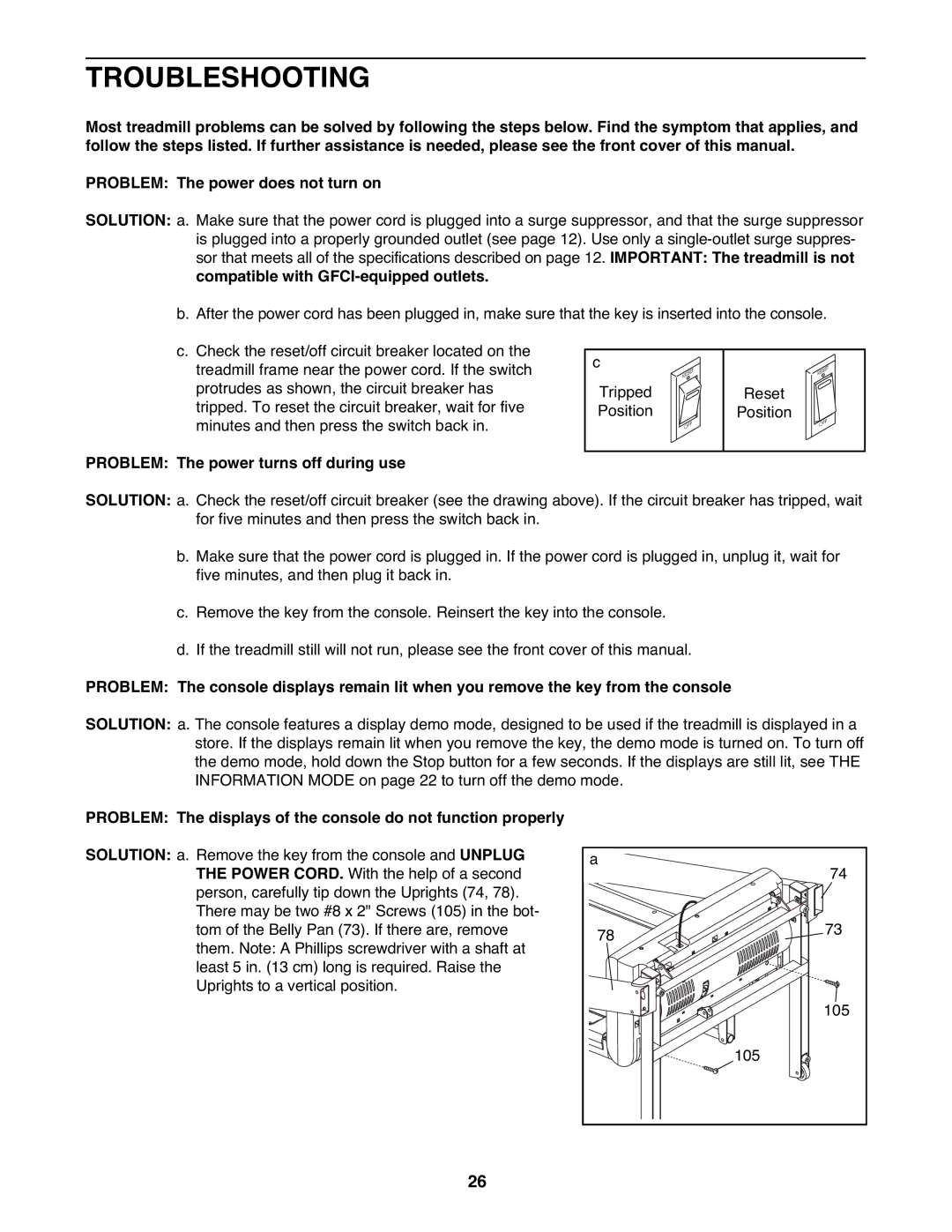 ProForm PFTL99908.0 user manual Troubleshooting, Problem The power turns off during use 