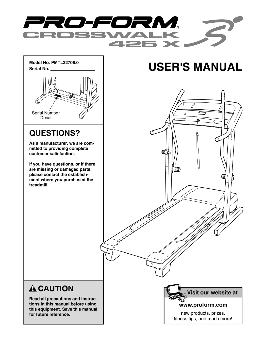 ProForm user manual Questions?, Model No. PMTL32706.0 Serial No 