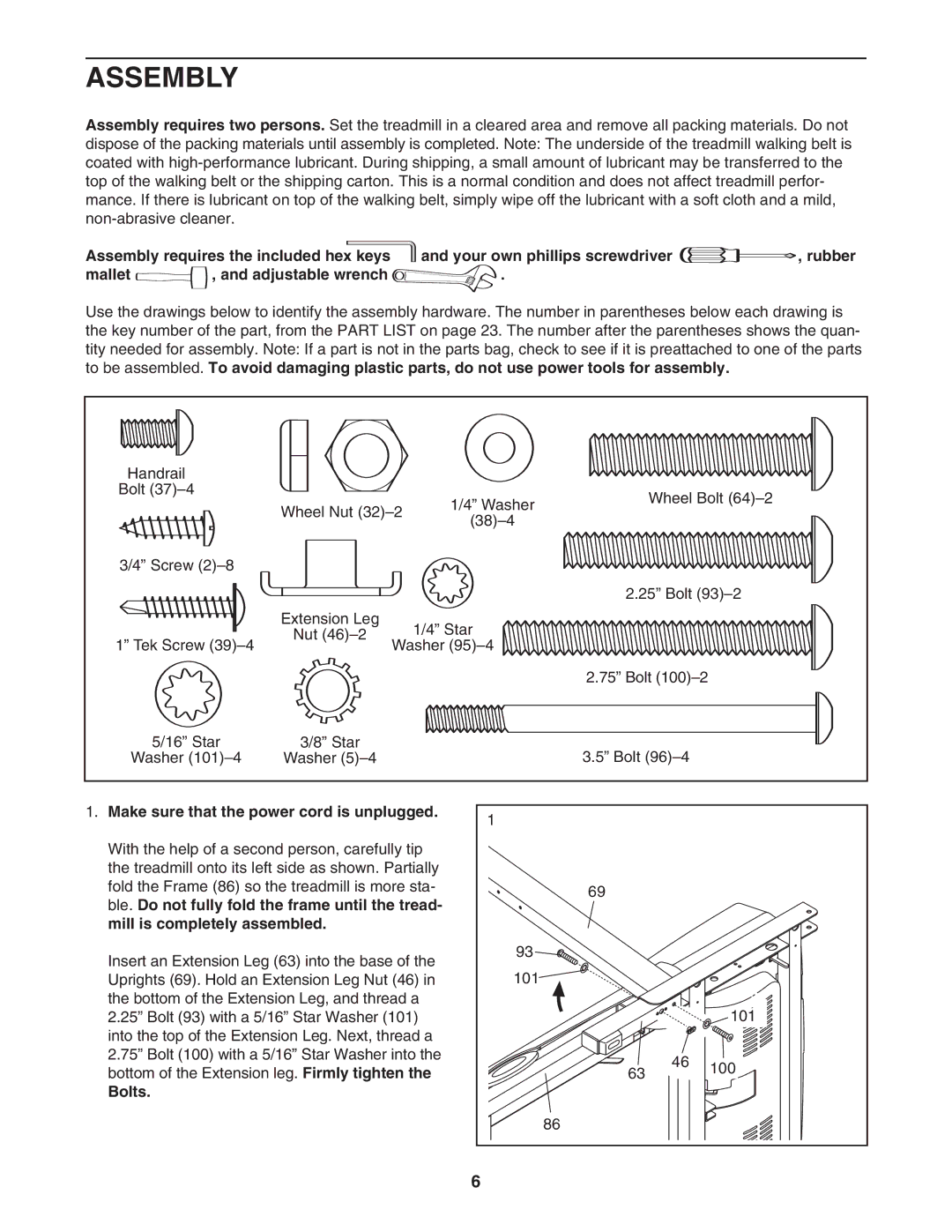 ProForm PMTL32706.0 user manual Assembly, Make sure that the power cord is unplugged, Bolts 