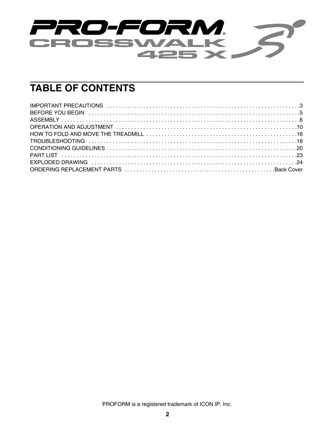 ProForm PMTL32706.0 user manual Table Of Contents, PROFORM is a registered trademark of ICON IP, Inc 