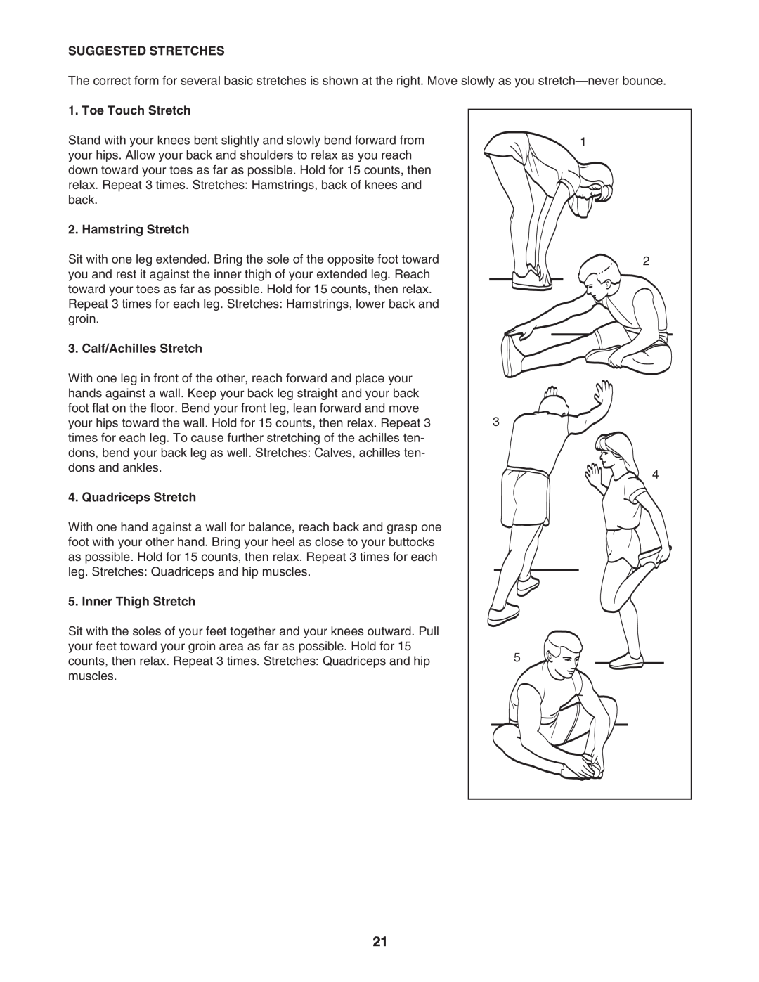 ProForm PMTL32706.0 Suggested Stretches, Toe Touch Stretch, Hamstring Stretch, Calf/Achilles Stretch, Quadriceps Stretch 