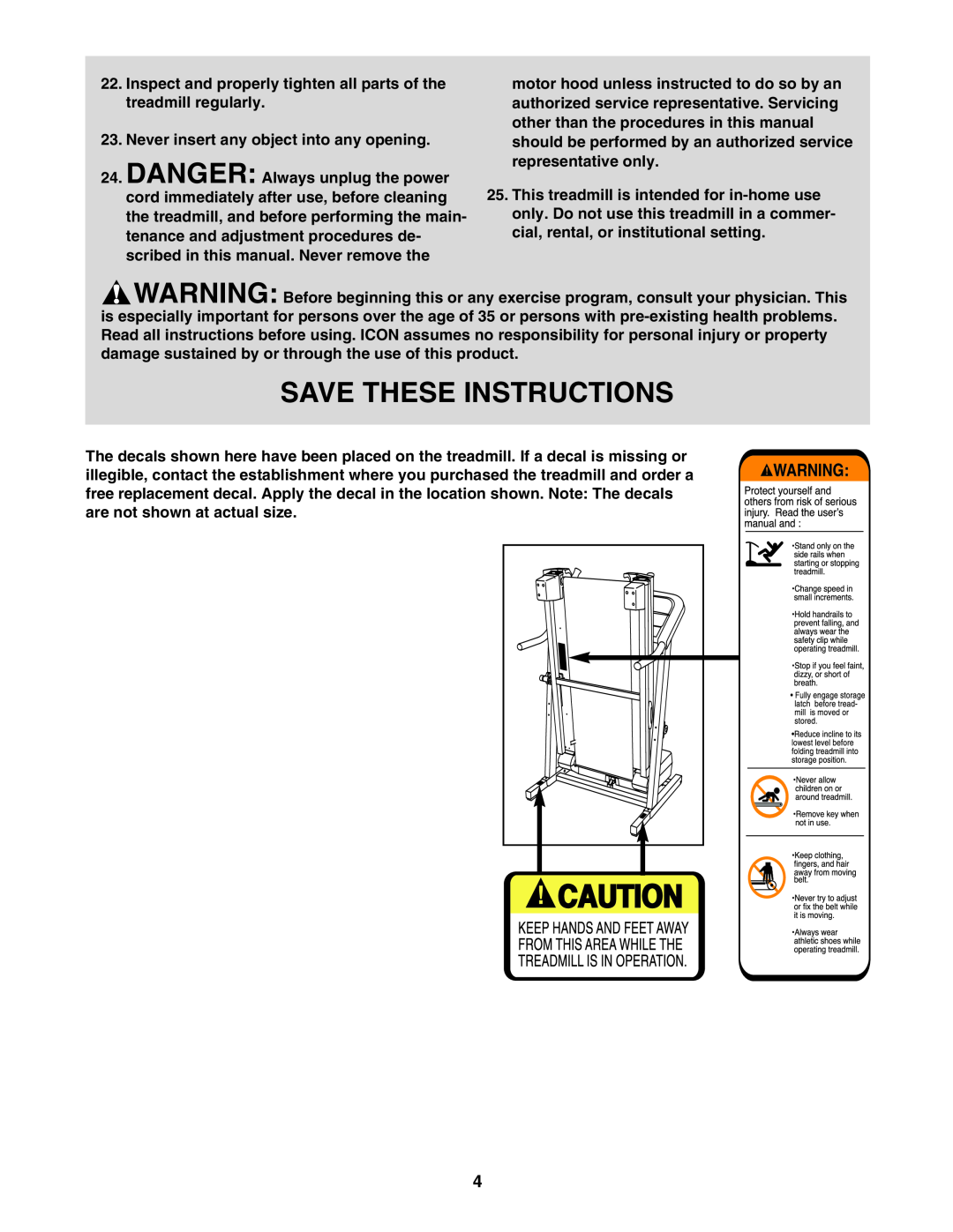 ProForm PMTL32706.0 user manual Save These Instructions, Inspect and properly tighten all parts of the treadmill regularly 