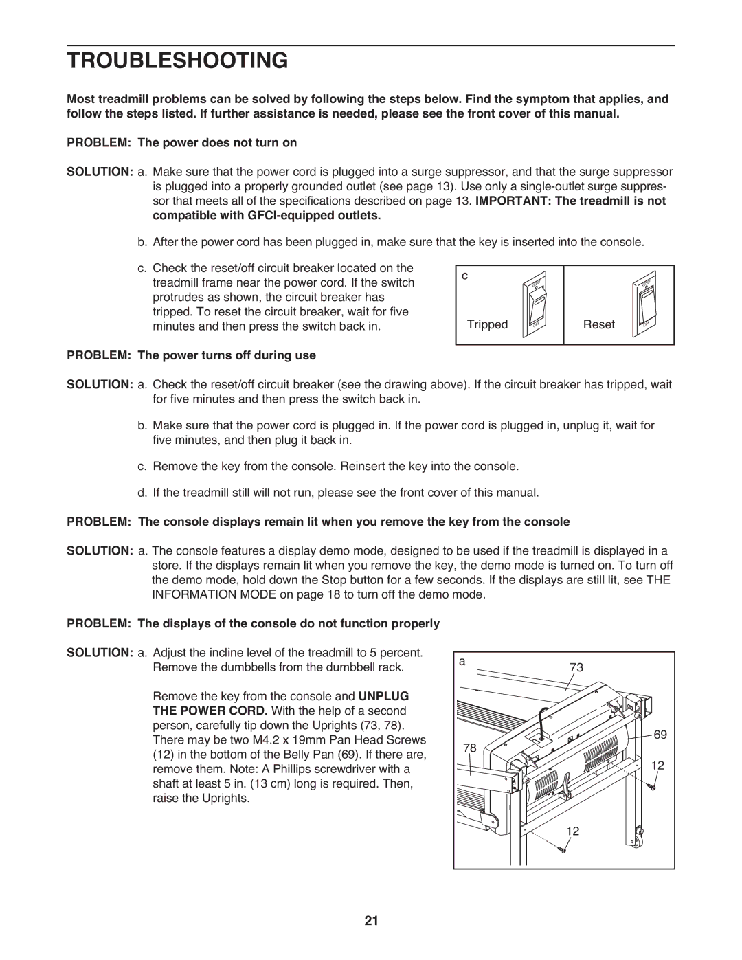 ProForm PMTL39708.0 user manual Troubleshooting, Problem The power does not turn on, Compatible with GFCI-equipped outlets 