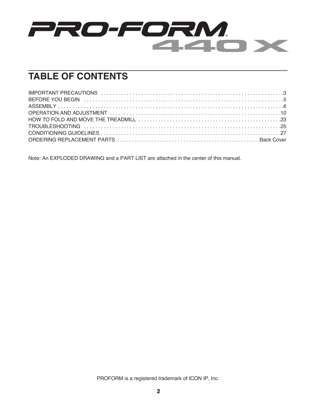 ProForm PMTL49305.0 user manual Table Of Contents, PROFORM is a registered trademark of ICON IP, Inc 