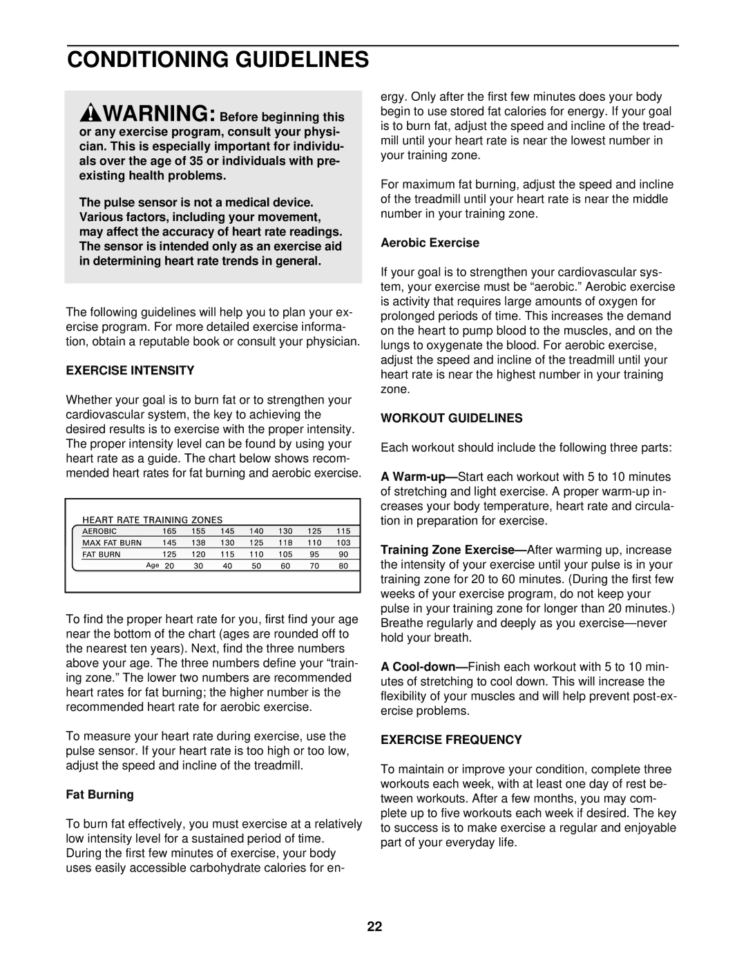 ProForm PT6.0, PFTL69502 user manual Conditioning Guidelines, Exercise Intensity, Workout Guidelines, Exercise Frequency 