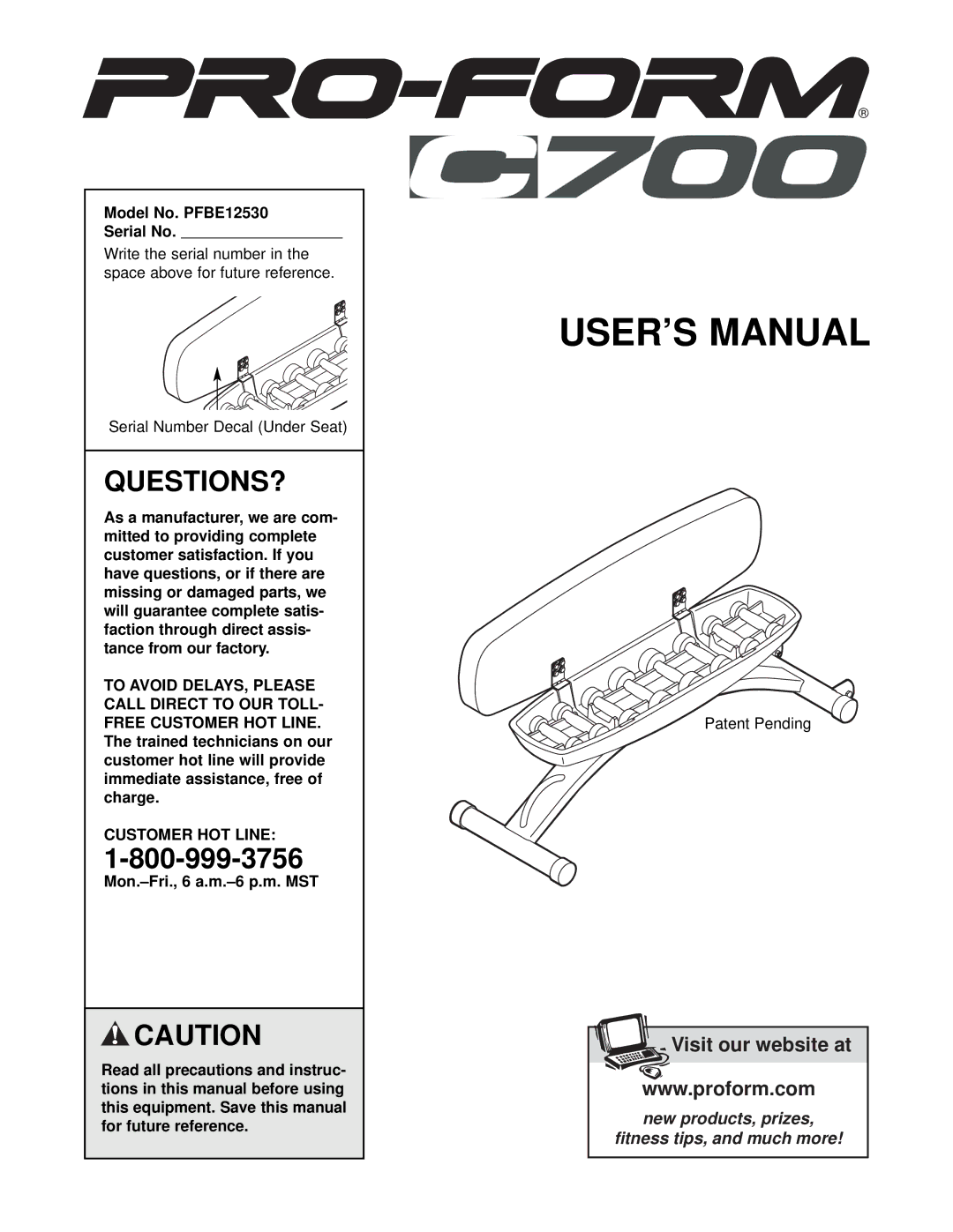 ProForm SR 20 user manual Questions?, Model No. PFBE12530 Serial No, Customer HOT Line 