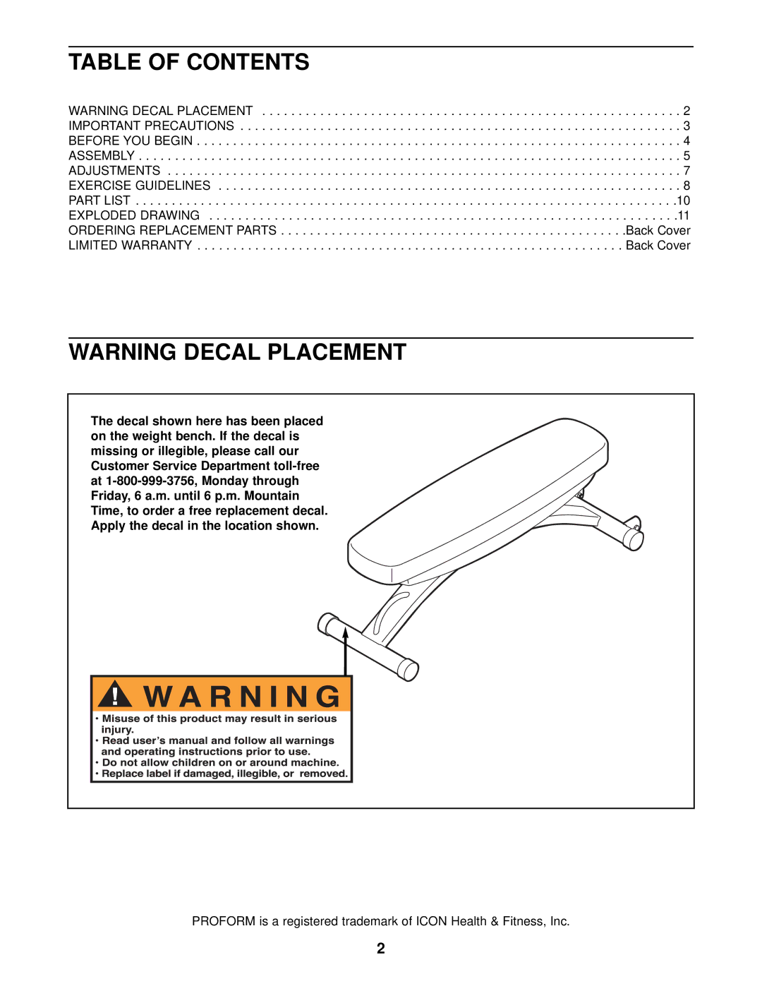 ProForm SR 20 user manual Table of Contents 