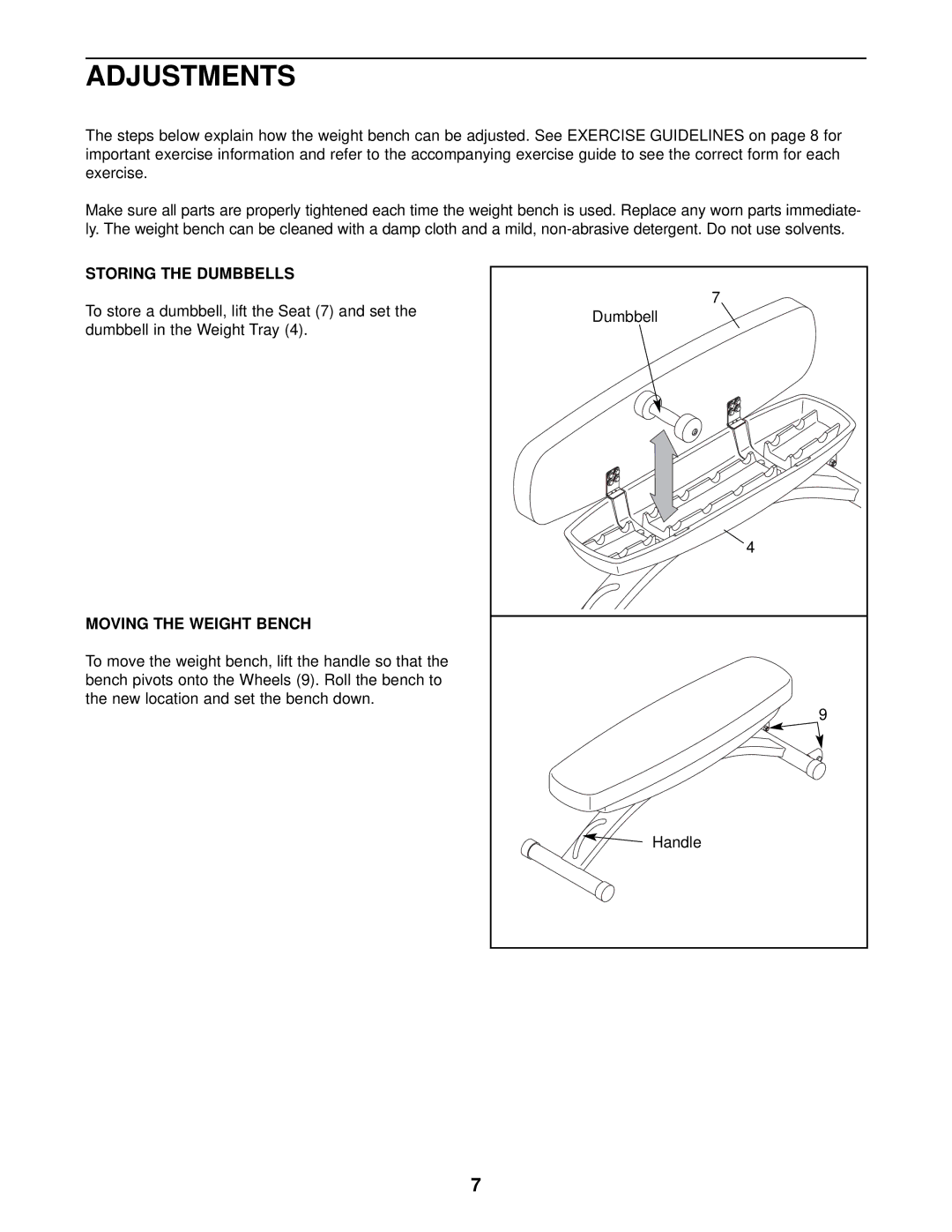 ProForm SR 20 user manual Adjustments, Storing the Dumbbells, Moving the Weight Bench 