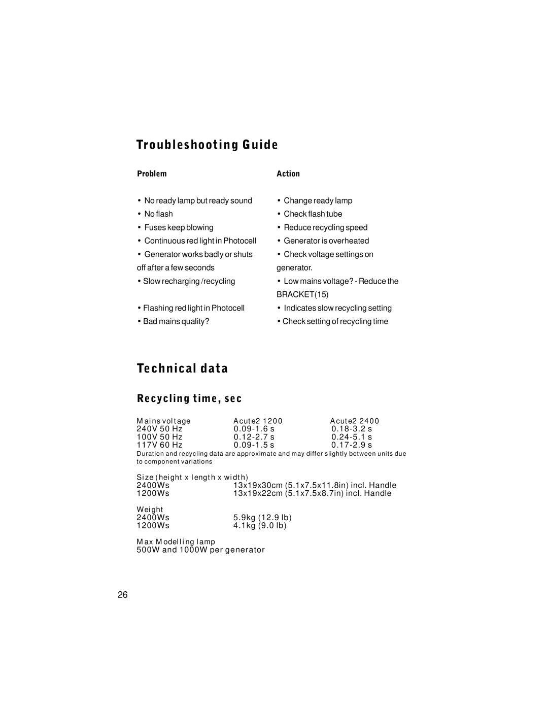 Profoto 1200 manual Troubleshooting Guide, Technical data 