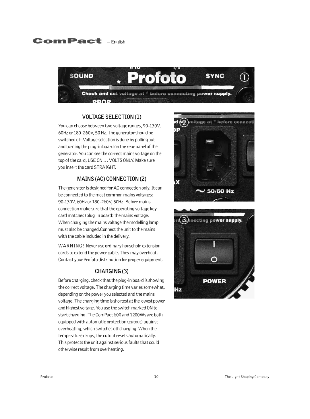 Profoto 300 manual Voltage Selection, Mains Acconnection, Charging 