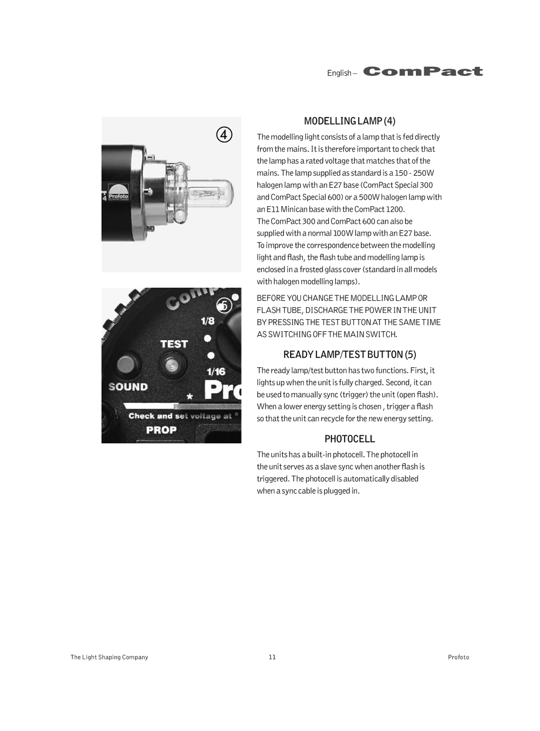 Profoto 300 manual Modelling Lamp, READYLAMP/TEST Button, Photocell 