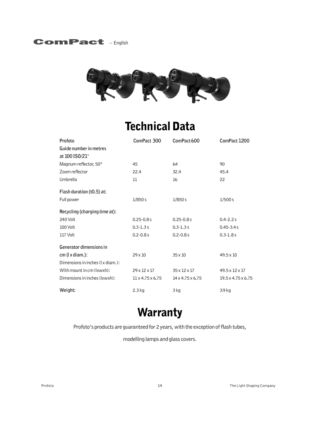 Profoto 300 manual Technical Data, Warranty 