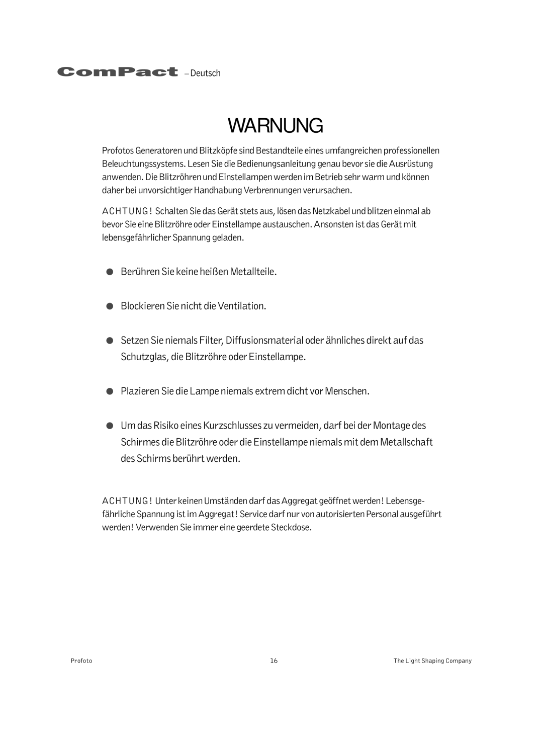 Profoto 300 manual Warnung 