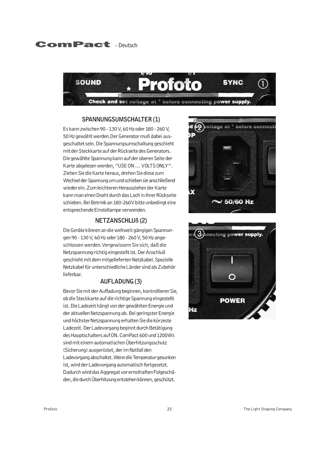 Profoto 300 manual SPANNUNGSUMSCHALTER1, Aufladung 