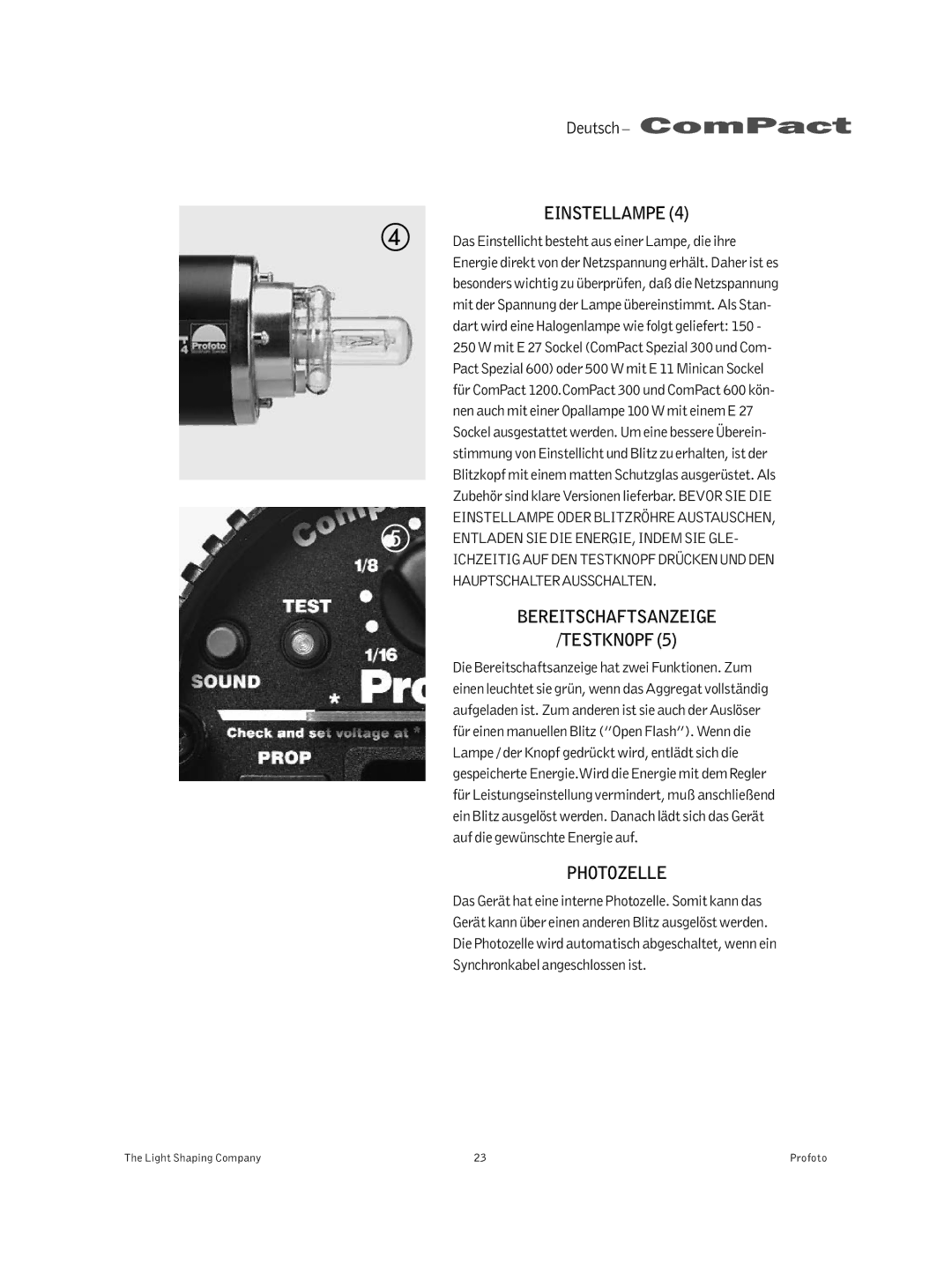 Profoto 300 manual Einstellampe, Bereitschaftsanzeige Testknopf, Photozelle 