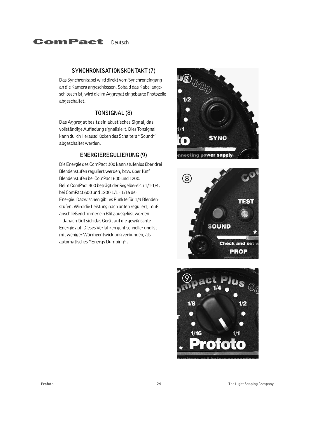 Profoto 300 manual SYNCHRONISATIONSKONTAKT7, Tonsignal, Energieregulierung 