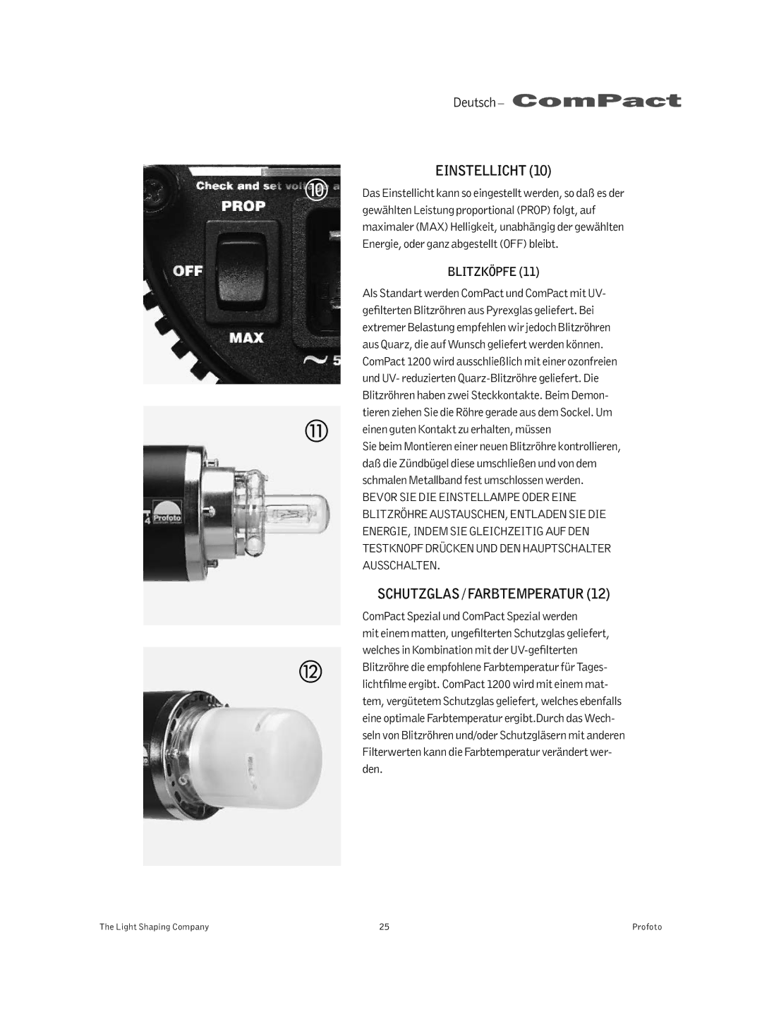 Profoto 300 manual Einstellicht, Schutzglas / Farbtemperatur 