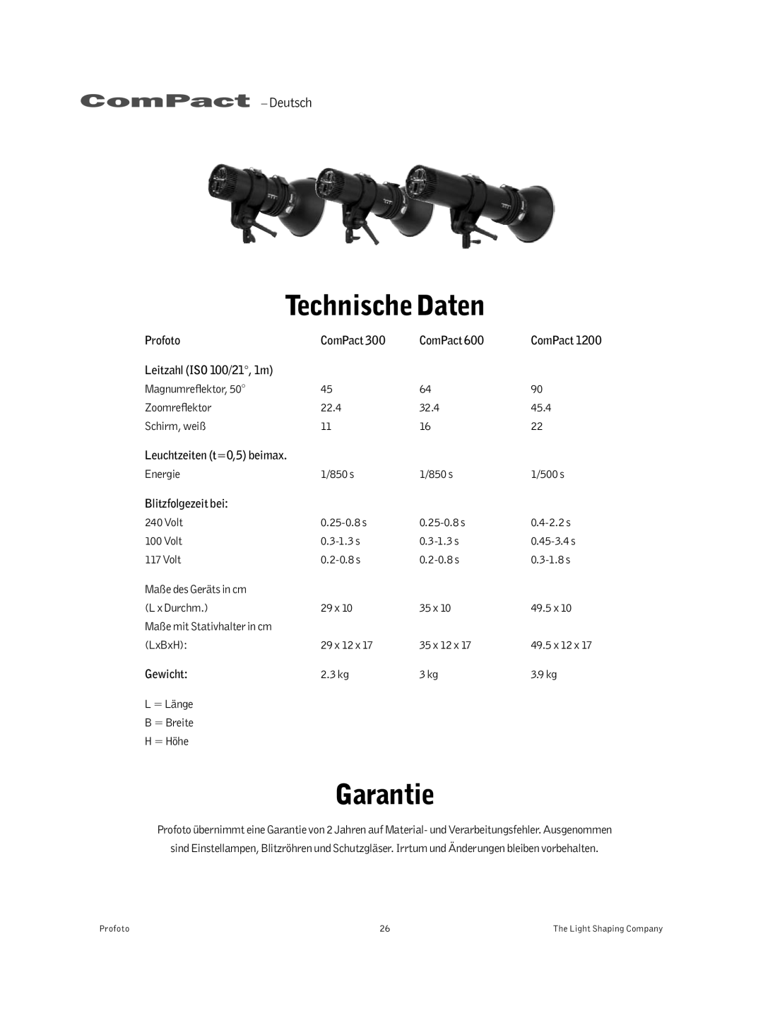 Profoto 300 manual Technische Daten, Garantie 