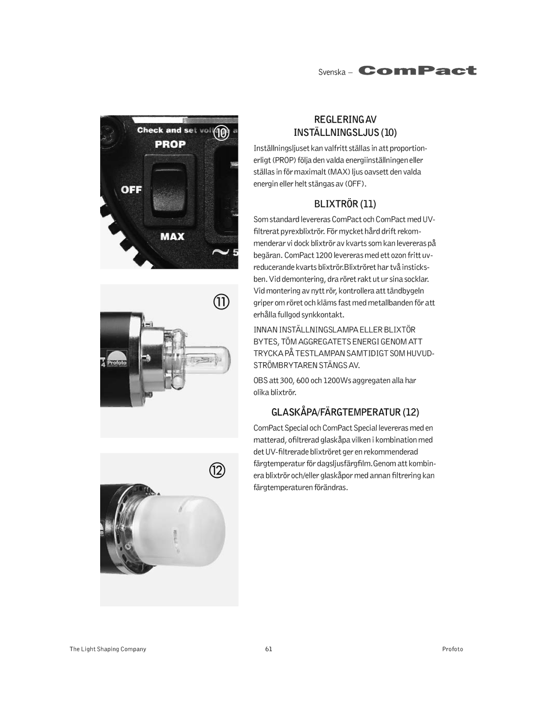 Profoto 300 manual Reglering AV Inställningsljus, Blixtrör, Glaskåpa/Färgtemperatur 