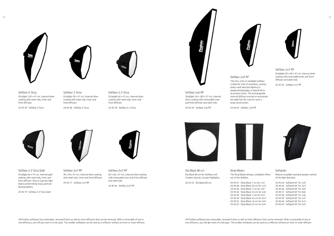 Profoto 250 W, 500 W Softbox 5 Octa, Softbox 2.3 Octa Gold, Softbox 3 Octa, Softbox 3x3 RF, Softbox 2x2 RF, Softbox 1x6 RF 