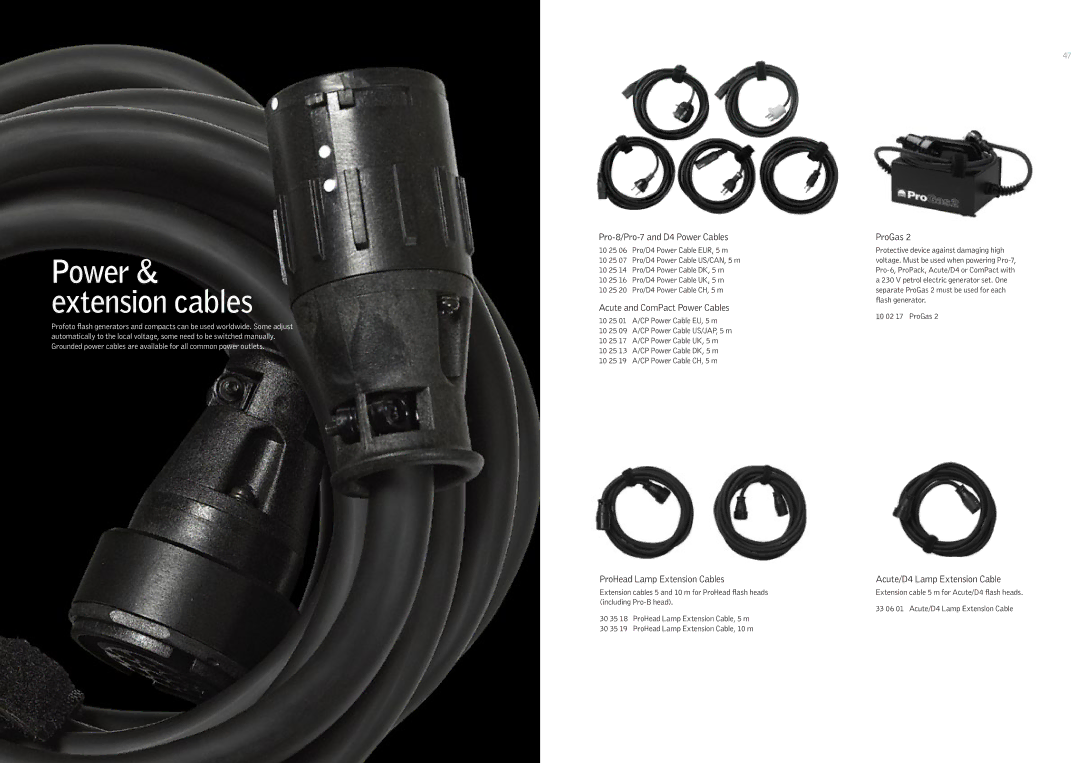 Profoto 500 W manual Pro-8/Pro-7 and D4 Power Cables, Acute and ComPact Power Cables, ProHead Lamp Extension Cables, ProGas 