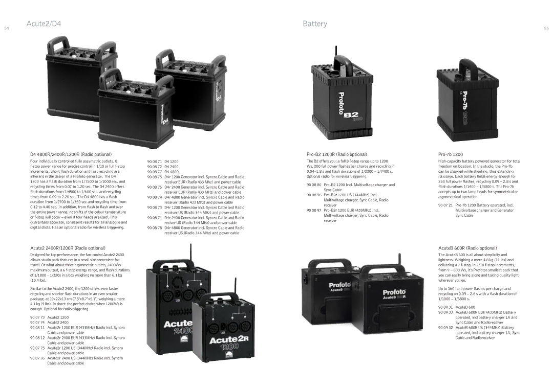 Profoto 500 W D4 4800R/2400R/1200R Radio optional, Acute2 2400R/1200R Radio optional, Pro-B2 1200R Radio optional, Pro-7b 