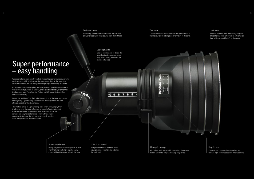 Profoto 250 W Super performance - easy handling, Grab and move, Locking handle, Touch me, Just zoom, Stand attachment 