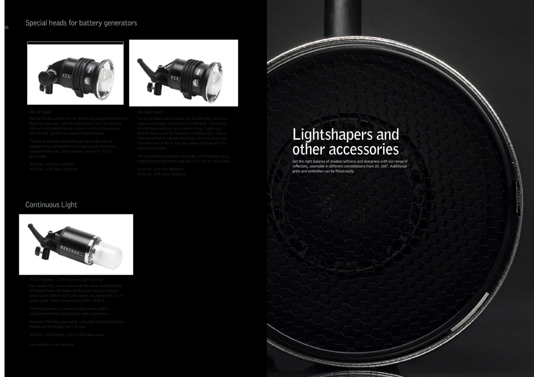 Profoto 500 W, 250 W Lightshapers and other accessories, Special heads for battery generators, Continuous Light, Pro-BHead 