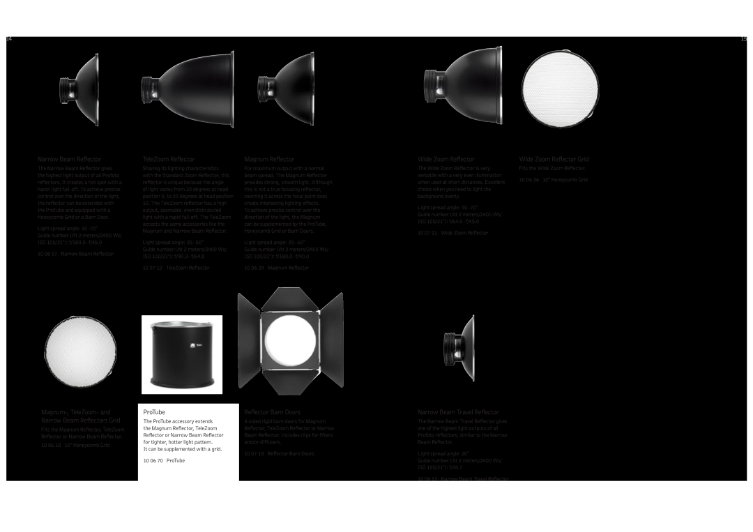 Profoto 500 W, 250 W manual Narrow Beam Reflector, TeleZoom Reflector, ProTube, Magnum Reflector, Wide Zoom Reflector 