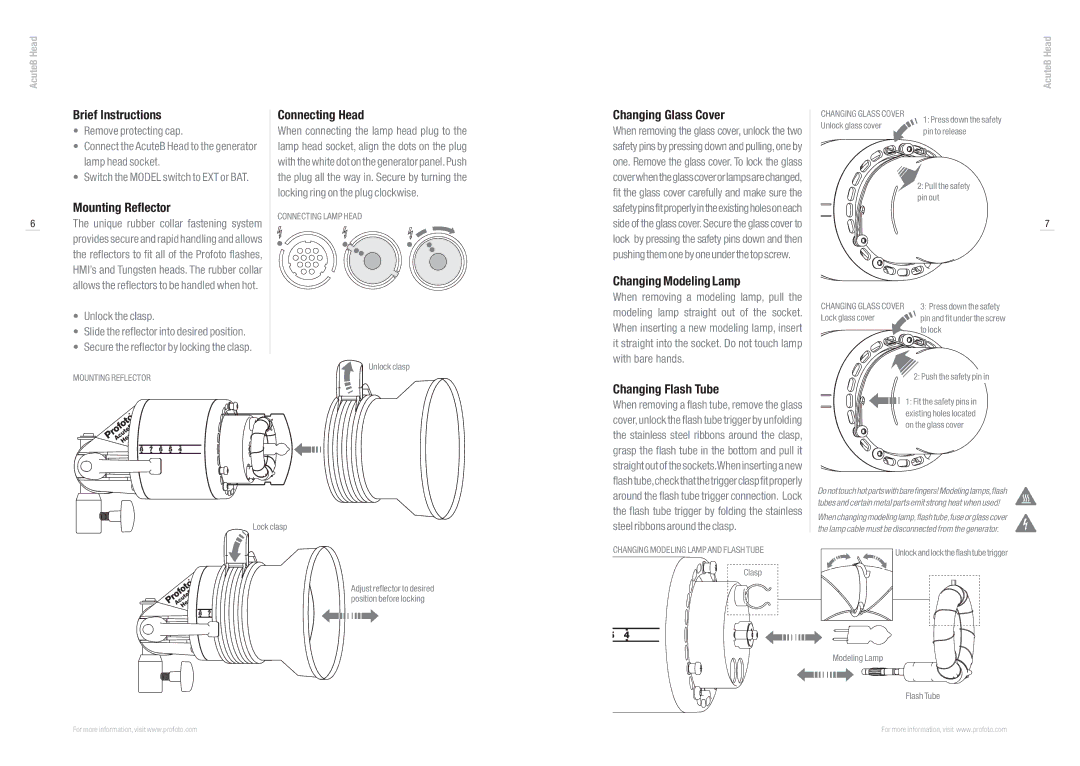 Profoto AcuteB Head Brief Instructions, Mounting Reflector, Connecting Head, Changing Glass Cover, Changing Modeling Lamp 