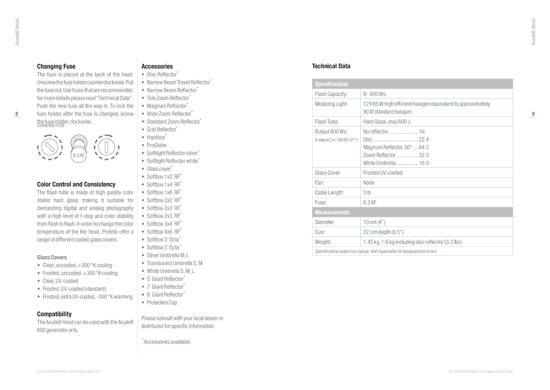 Profoto AcuteB Head manual Changing Fuse, Color Control and Consistency, Compatibility, Accessories, Glass Covers 