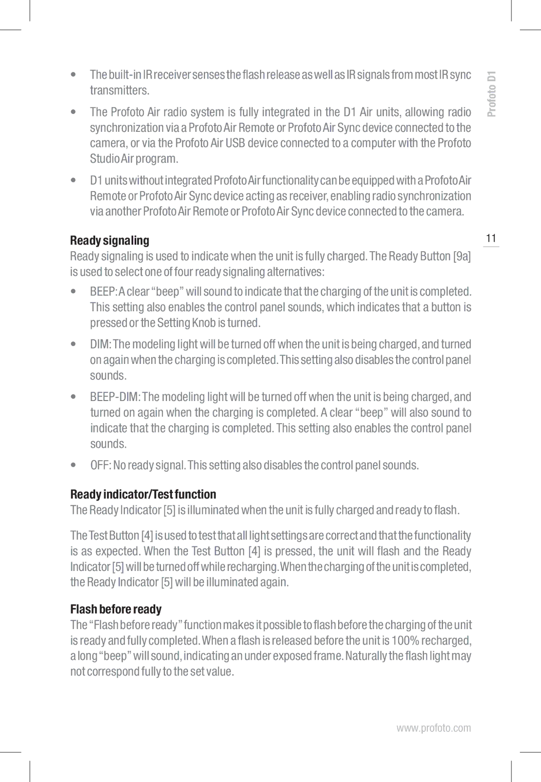 Profoto D1 500 Air, D1 1000 Air, D1 250 Air manual Ready signaling, Ready indicator/Test function, Flash before ready 