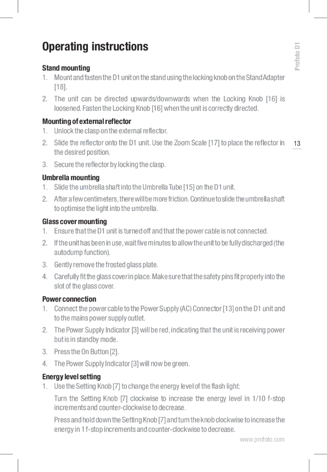 Profoto D1 1000 Air, D1 500 Air, D1 250 Air manual Operating instructions 