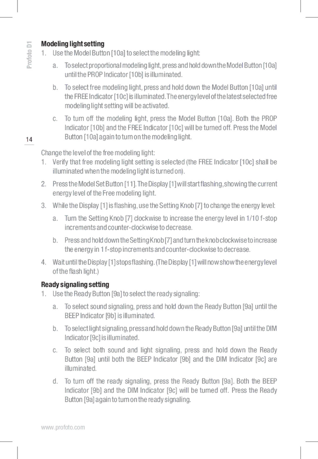 Profoto D1 1000 Air, D1 500 Air, D1 250 Air manual Modeling light setting, Ready signaling setting 