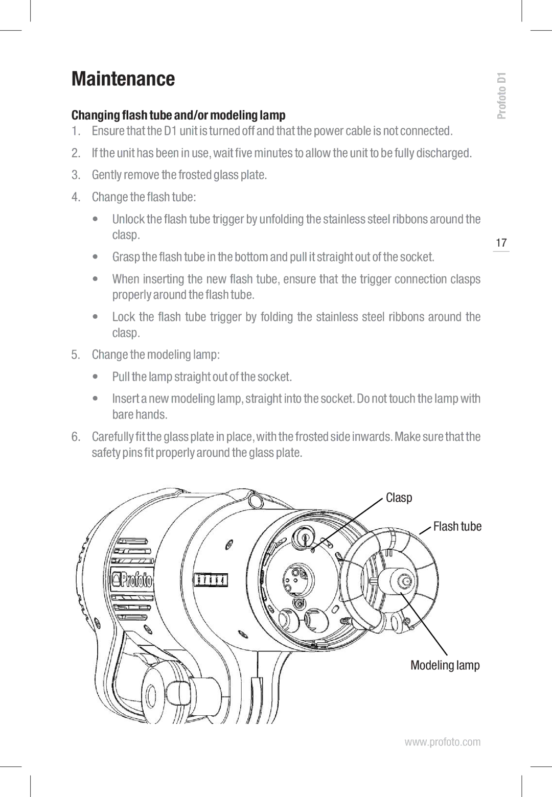 Profoto D1 250 Air, D1 1000 Air manual Maintenance, Changing flash tube and/or modeling lamp, Clasp Flash tube Modeling lamp 