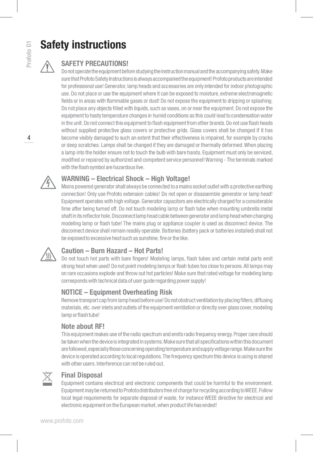 Profoto D1 1000 Air, D1 500 Air, D1 250 Air manual Safety instructions, Safety Precautions 