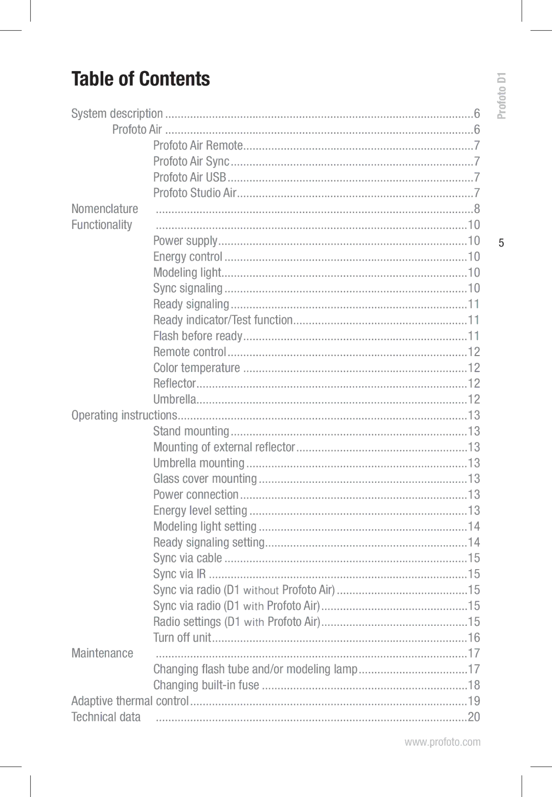 Profoto D1 1000 Air, D1 500 Air, D1 250 Air manual Table of Contents 