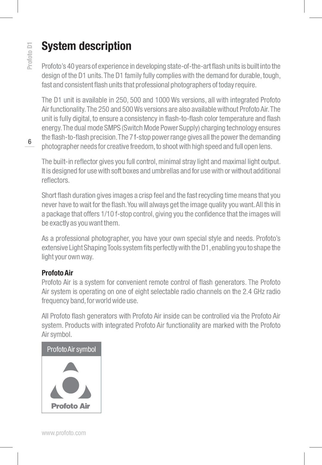 Profoto D1 500 Air, D1 1000 Air, D1 250 Air manual System description, Profoto Air 
