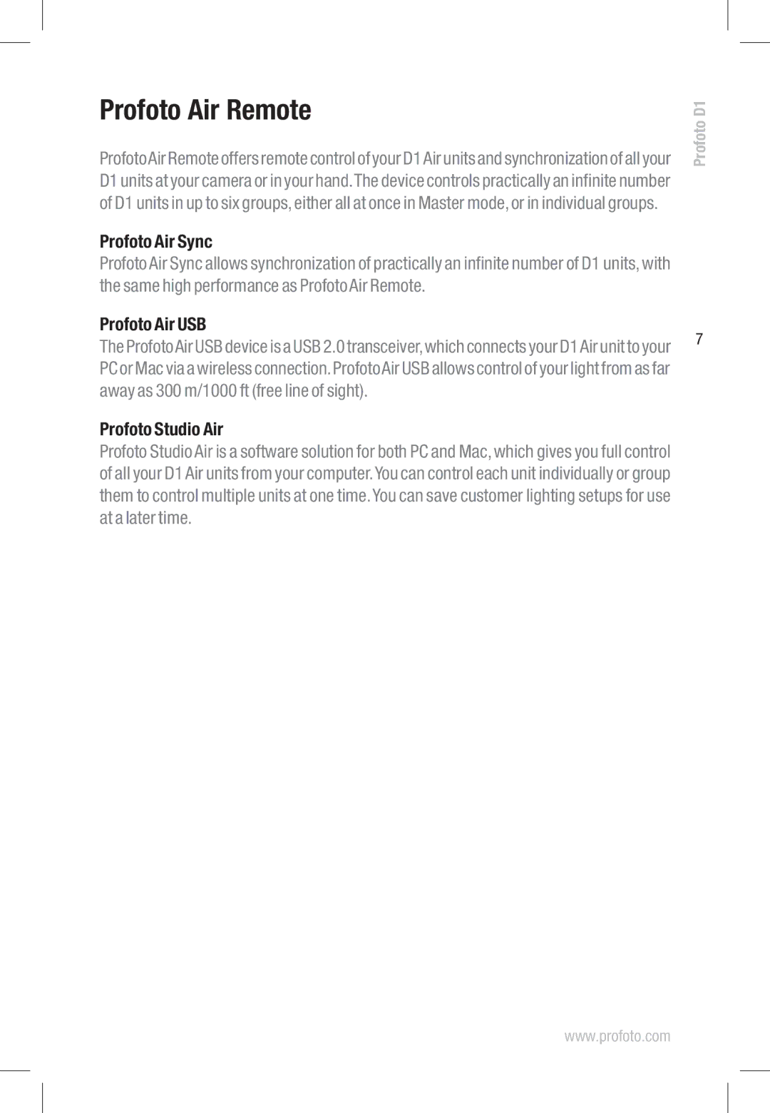 Profoto D1 250 Air, D1 1000 Air, D1 500 Air manual Profoto Air Remote, Profoto Air Sync, Profoto Air USB, Profoto Studio Air 